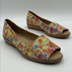 Michelle D Ellena Wedge Women's 10M Floral Slip On Peep Tow Yellow Pink